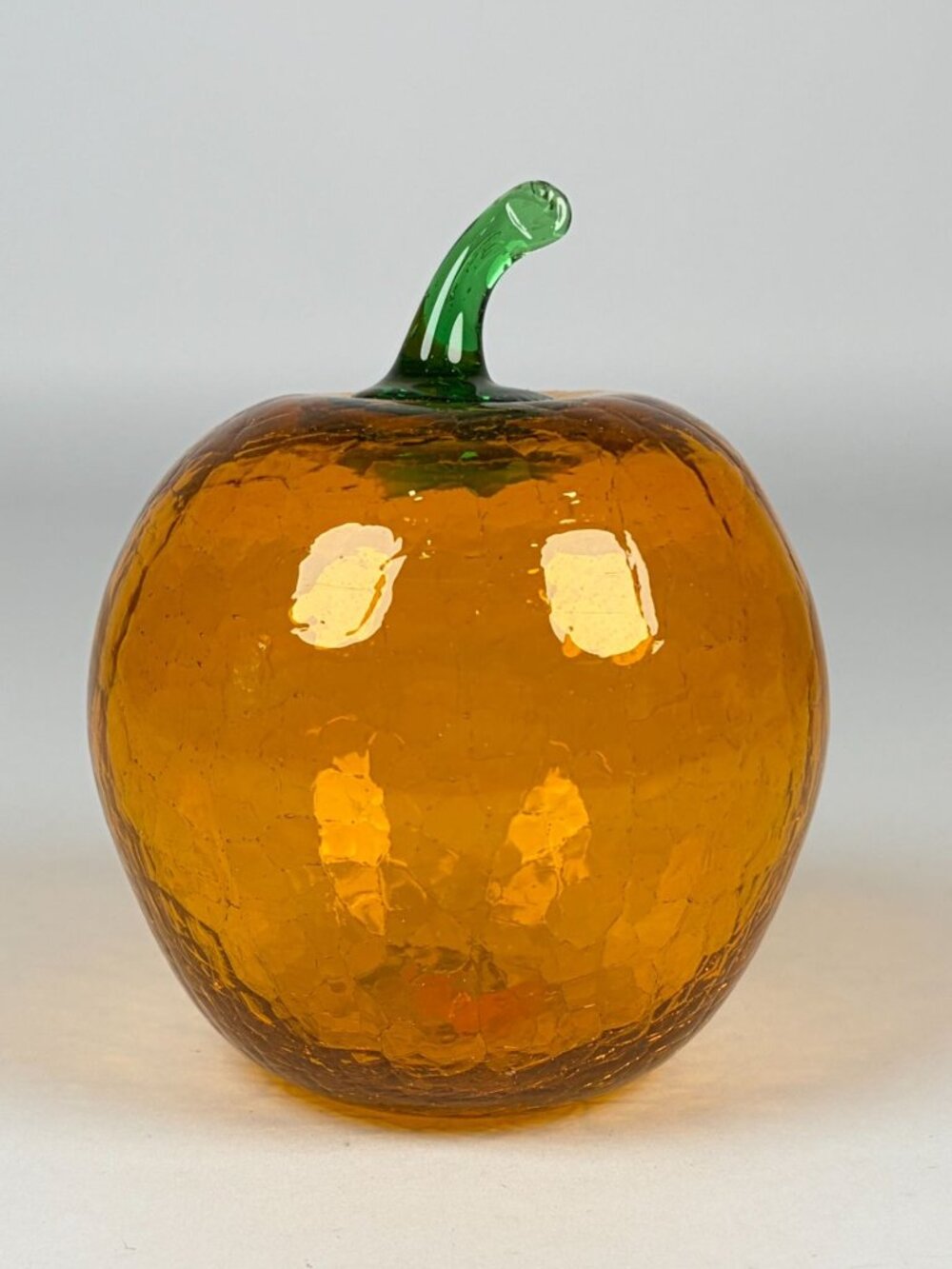 Handcrafted Crackle Glass Pumpkin Orange & Green Stem Hollow Paperweight